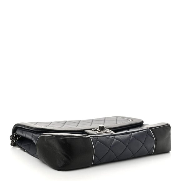 Chanel Calfskin Quilted Bi-Color Jumbo Flap Blue Black CC Turn Lock Shoulder Bag - Picture 7 of 10